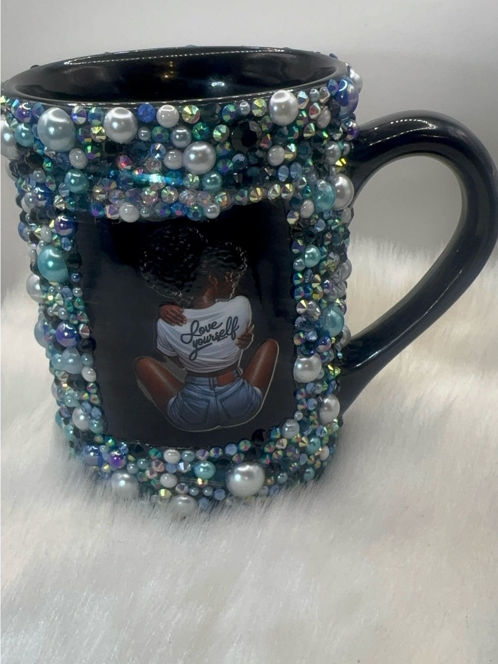 Black Jeweled 'Love Yourself' Decorative Ceramic Mug - Black